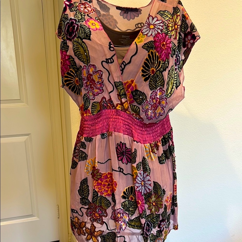 Hale Bob Pink Embroidered Floral V-Neck Tunic